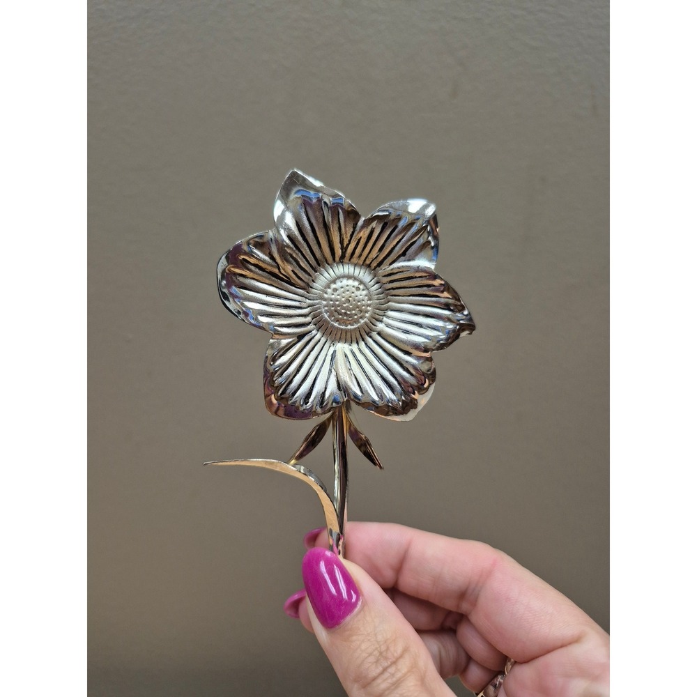 Vintage Silver Tone Flower Salt Pepper Shakers Set Sunflower Floral Stem Decor - Picture 4 of 8